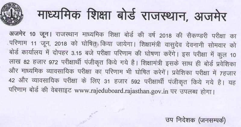 Rajasthan Board 10th Result date